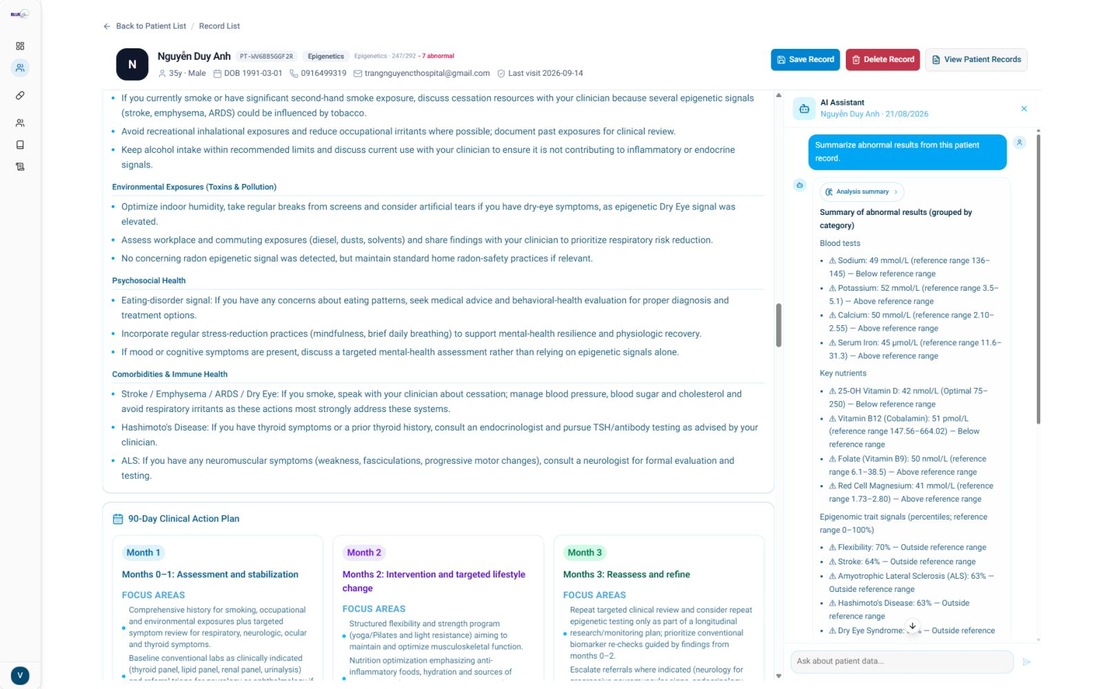 BlueGene patient record with AI assistant and a three-month clinical action plan
